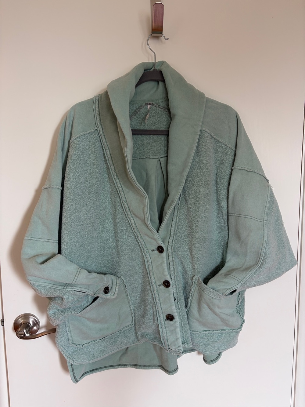 Free People Sage Green Shawl-Collar Button Front Cardigan Jacket